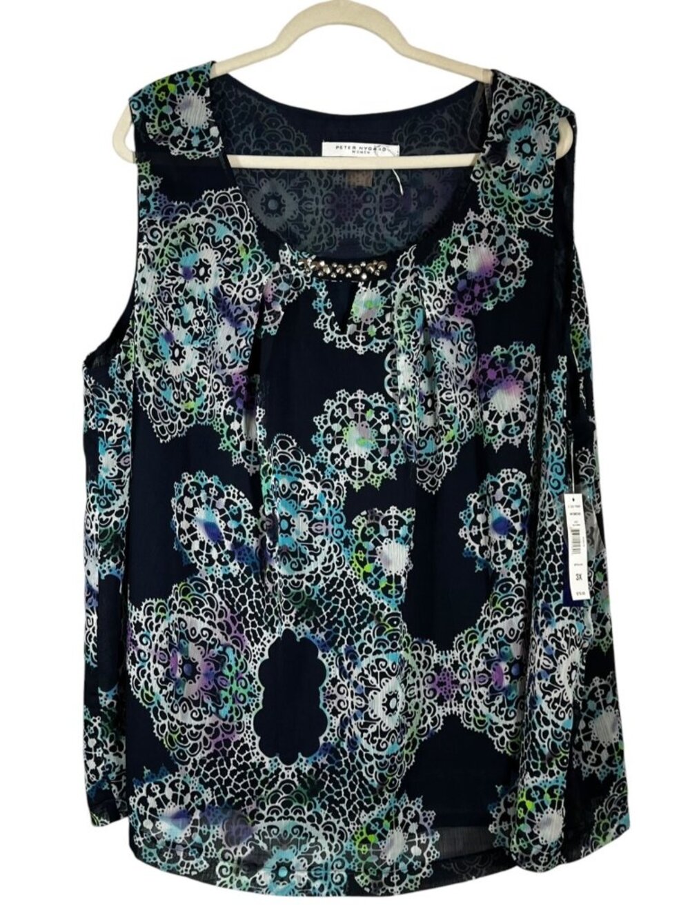 Peter Nygard Women 3X Navy Blue Print Rhinestone Sleeveless Blouse NWT $79